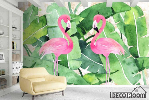 Image of Nordic plantain green leaf flamingo  wallpaper wall murals IDCWP-HL-000220