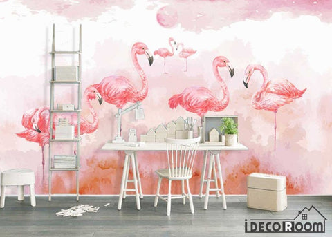 Image of Nordic watercolor flamingos wedding room wallpaper wall murals IDCWP-HL-000235