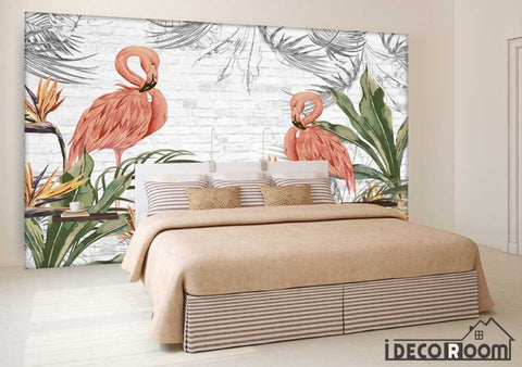 Image of Brick wall flamingo tropical plant wallpaper wall murals IDCWP-HL-000247