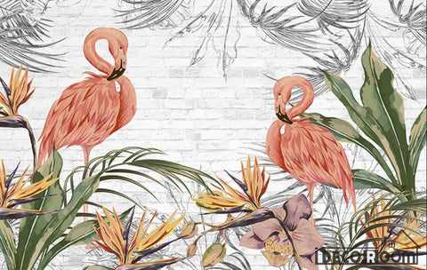 Image of Brick wall flamingo tropical plant wallpaper wall murals IDCWP-HL-000247