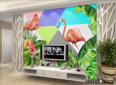 Image of Geometric flamingo tropical plant wallpaper wall murals IDCWP-HL-000248