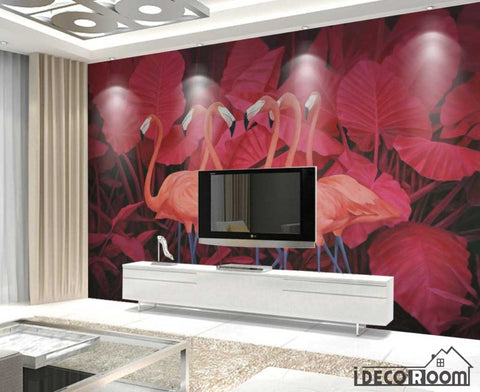 Image of Red tropical plant leaves flamingo wallpaper wall murals IDCWP-HL-000257