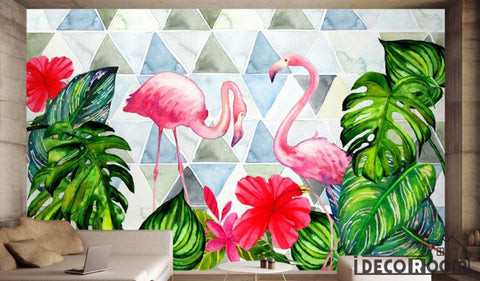 Image of Nordic tropical plants geometric flamingo  wallpaper wall murals IDCWP-HL-000274