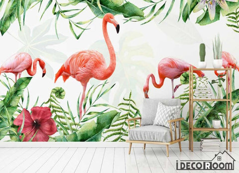 Image of Nordic minimalist  flamingo tropical leaves wallpaper wall murals IDCWP-HL-000275