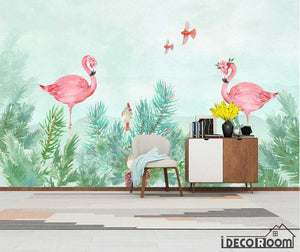 Nordic flamingo leaf plant wallpaper wall murals IDCWP-HL-000294