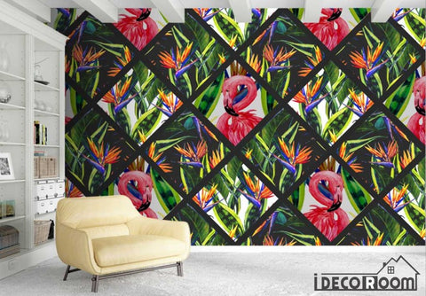 Image of Nordic checkered green leaf flamingo  wallpaper wall murals IDCWP-HL-000335