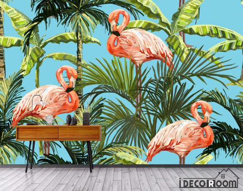 Image of retro rainforest banana leaf flamingo wallpaper wall murals IDCWP-HL-000349