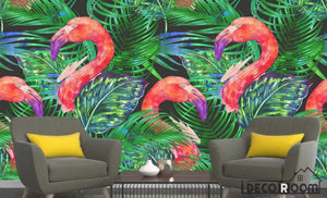 Nordic green leaf flamingo  wallpaper wall murals IDCWP-HL-000397