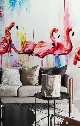 Image of Nordic flamingo watercolor feather wallpaper wall murals IDCWP-HL-000429