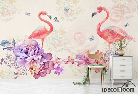 Image of Nordic romantic watercolor flowers Flamingo wallpaper wall murals IDCWP-HL-000460