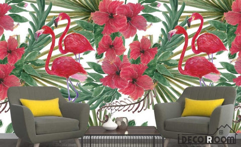 Image of Nordic plant leaves flowers flamingos  wallpaper wall murals IDCWP-HL-000510