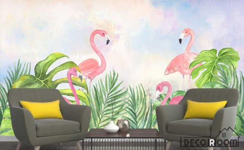 Image of Nordic plant green leaf flamingo  wallpaper wall murals IDCWP-HL-000544