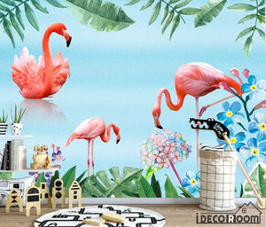 Nordic minimalist tropical leaves flamingo wallpaper wall murals IDCWP-HL-000585