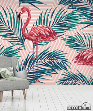 Flamingo leaves tropical rainforest wallpaper wall murals IDCWP-HL-000632