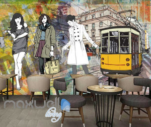 Graphic Design With 3 Fashion Women And Old Tram Art Wall Murals Wallpaper Decals Prints Decor IDCWP-JB-000334