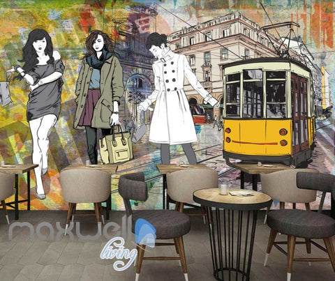 Image of Graphic Design With 3 Fashion Women And Old Tram Art Wall Murals Wallpaper Decals Prints Decor IDCWP-JB-000334