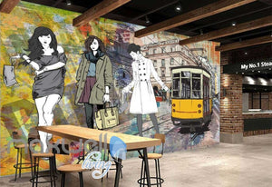 Graphic Design With 3 Fashion Women And Old Tram Art Wall Murals Wallpaper Decals Prints Decor IDCWP-JB-000334