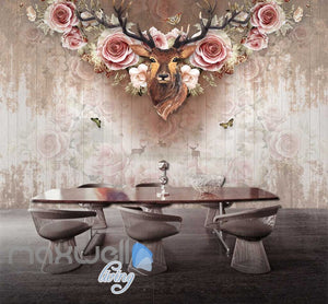 Vintage Deer Head With Roses On Wall Paper Art Wall Murals Wallpaper Decals Prints Decor IDCWP-JB-000377