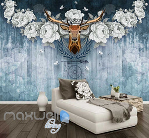 Vintage Deer Head With White Roses On Blue Wooden Wall Art Wall Murals Wallpaper Decals Prints Decor IDCWP-JB-000382