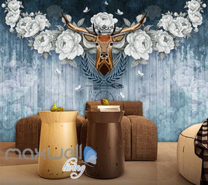 Vintage Deer Head With White Roses On Blue Wooden Wall Art Wall Murals Wallpaper Decals Prints Decor IDCWP-JB-000382