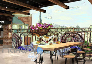 wallpaper drawing of terrace with eiffel tower veiw Art Wall Murals Wallpaper Decals Prints Decor IDCWP-JB-000472