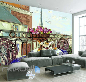 wallpaper drawing of terrace with eiffel tower veiw Art Wall Murals Wallpaper Decals Prints Decor IDCWP-JB-000472