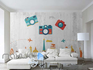 colourful graphic design with retro photo cameras with icon monuments of cities Art Wall Murals Wallpaper Decals Prints Decor IDCWP-JB-000479