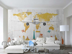 colourful graphic design with airplane and icon monuments of cities Art Wall Murals Wallpaper Decals Prints Decor IDCWP-JB-000480