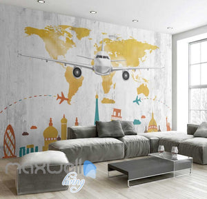 colourful graphic design with airplane and icon monuments of cities Art Wall Murals Wallpaper Decals Prints Decor IDCWP-JB-000480