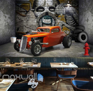 3d wallpaper of vintage orange car in a room with a design of alien on wall Art Wall Murals Wallpaper Decals Prints Decor IDCWP-JB-000492