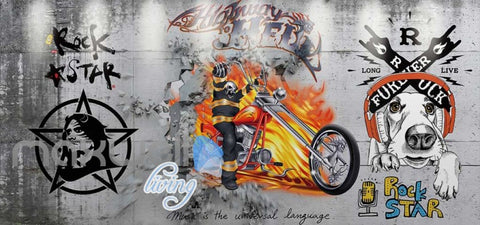 Image of 3d wallpaper motorbike brake wall with graffiti on wall Art Wall Murals Wallpaper Decals Prints Decor IDCWP-JB-000496