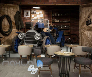 3d wallpaper of vintage blue car parked in garage Art Wall Murals Wallpaper Decals Prints Decor IDCWP-JB-000511