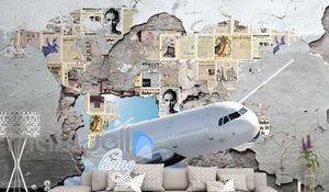 3d wallpaper of airplane braking old wall with newspaper Art Wall Murals Wallpaper Decals Prints Decor IDCWP-JB-000553