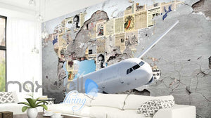 3d wallpaper of airplane braking old wall with newspaper Art Wall Murals Wallpaper Decals Prints Decor IDCWP-JB-000553