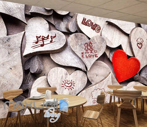 3d wallpaper of wooden hearts with drawings Art Wall Murals Wallpaper Decals Prints Decor IDCWP-JB-000556