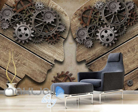 Image of 3d graphic design wallpaper with shape of 2 people with gear brains Art Wall Murals Wallpaper Decals Prints Decor IDCWP-JB-000576