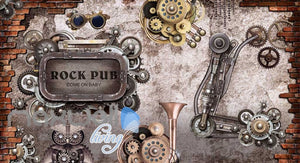 retro wallpaper with gears and metal rock pub sign Art Wall Murals Wallpaper Decals Prints Decor IDCWP-JB-000646