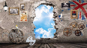 3D Hole On Cement Wall With Gears And Frames Looking A Blue Sky Art Wall Murals Wallpaper Decals Prints Decor IDCWP-JB-000659