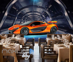 Orange Racing Car On Glass Tunnel Art Wall Murals Wallpaper Decals Prints Decor IDCWP-JB-000764