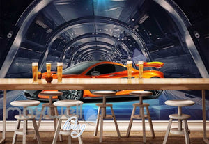 Orange Racing Car On Glass Tunnel Art Wall Murals Wallpaper Decals Prints Decor IDCWP-JB-000764