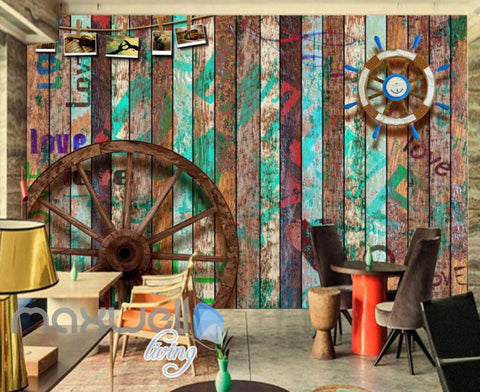 Image of Graphic Desgin Wooden Wall Wooden Wheel Boat Wheel Art Wall Murals Wallpaper Decals Prints Decor IDCWP-JB-000778