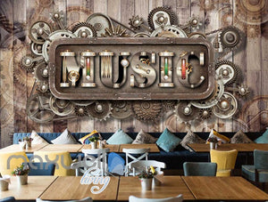 Wooden Wall With Gears And Music Letters Art Wall Murals Wallpaper Decals Prints Decor IDCWP-JB-000831