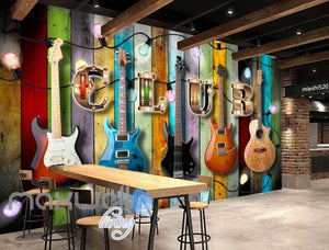 Colourful Wooden Wall With Electric Guitars Art Wall Murals Wallpaper Decals Prints Decor IDCWP-JB-000837