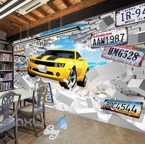 Breaking Through Wall Yellow Car Car Plates Art Wall Murals Wallpaper Decals Prints Decor IDCWP-JB-000859