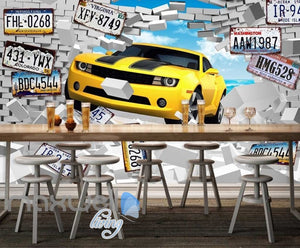 Breaking Through Wall Yellow Car Car Plates Art Wall Murals Wallpaper Decals Prints Decor IDCWP-JB-000859