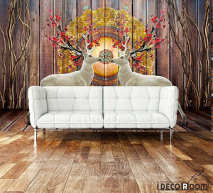 Wooden Wall Vintage Pattern White Deer Living Room Art Wall Murals Wallpaper Decals Prints Decor IDCWP-JB-000938