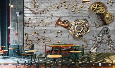 Image of 3D Golden Musical Notes Restaurant Art Wall Murals Wallpaper Decals Prints Decor IDCWP-JB-000942