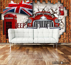 3D Vintage Old Red Car London Flag Red Cabin Breaking Through Wall Living Room Art Wall Murals Wallpaper Decals Prints Decor IDCWP-JB-000997