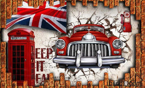 3D Vintage Old Red Car London Flag Red Cabin Breaking Through Wall Living Room Art Wall Murals Wallpaper Decals Prints Decor IDCWP-JB-000997