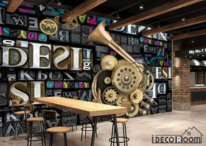 3D Typographic Letters Trompet Gear Restaurant Art Wall Murals Wallpaper Decals Prints Decor IDCWP-JB-001084